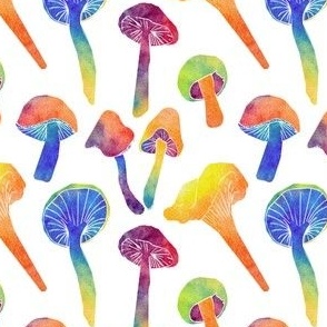 Wild Mushroom Hunt Blockprint in Psychedelic Rainbow + White