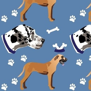 Harlequin Great Dane dog & Tan dog with denim blue paw prints dog bone Large print