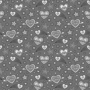 Doodle Outer Space Hearts & Stars in Grays (Small Scale)