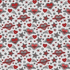 Doodle Outer Space Hearts & Stars in Red & Gray (Small Scale)