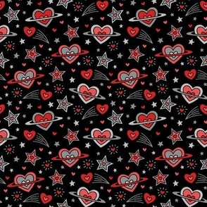 Doodle Outer Space Hearts & Stars in Red & Gray on Black (Small Scale)