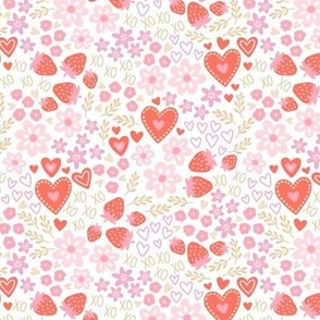 Ditsy Floral & Hearts in Pink & Red (Small Scale)