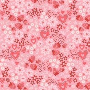 Ditsy Floral & Hearts in Shades of Red (Small Scale)