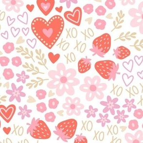 Ditsy Floral & Hearts in Pink and Red (Large Scale) 