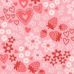 Ditsy Floral & Hearts in Shades of Red (Large Scale)