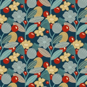 Floral Berry Trellis- - Teal and Cream 