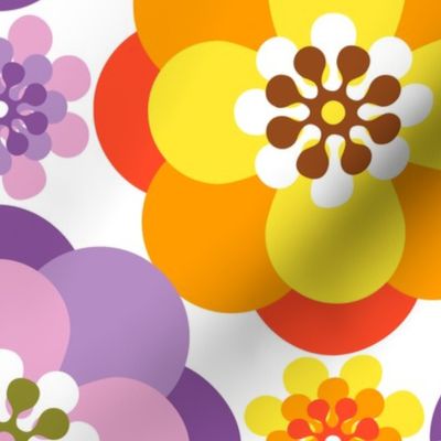 Seventies Retro Big orange purple Floral white