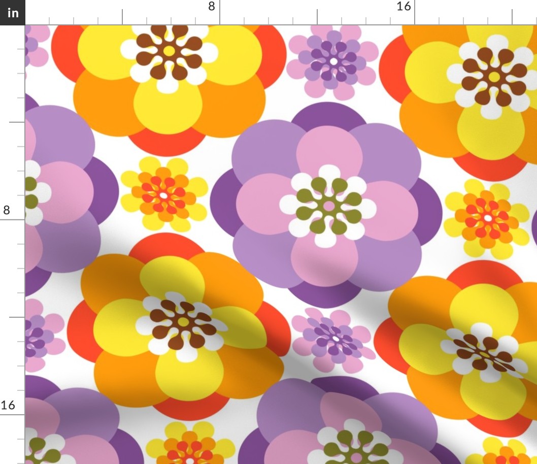 Seventies Retro Big orange purple Floral white