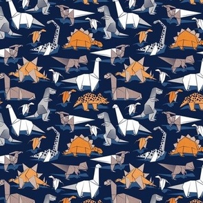 Tiny scale // Origami dino friends // oxford navy blue background paper orange dinosaurs 
