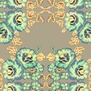 motif floral peint en  bleu ciel et beige sur fond taupe