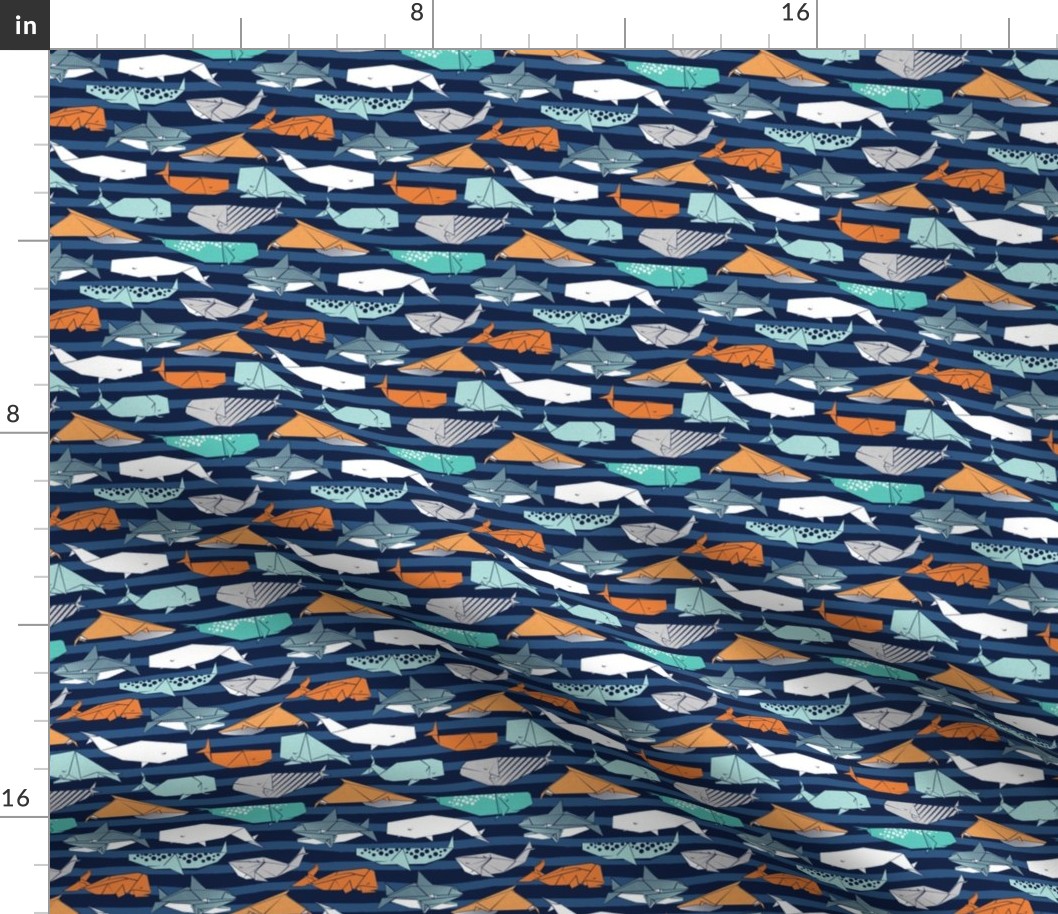 Tiny scale // Origami Sea // oxford navy blue nautical stripes background aqua orange grey and taupe whales