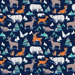 Tiny scale // Origami woodland // oxford navy blue background aqua orange grey and taupe wood animals