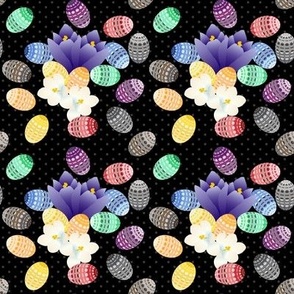 Colorful Easter Eggs with Purple and White Crocuses on a Black Gray Dotted Background