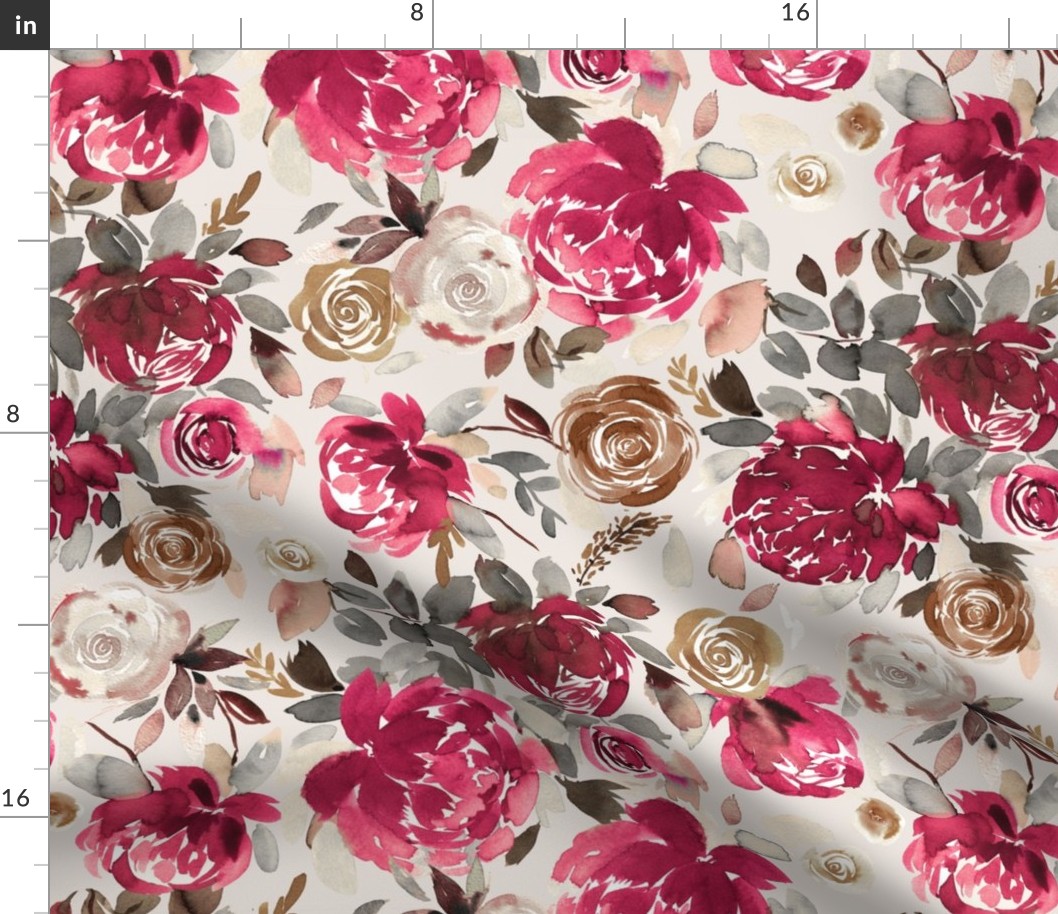 Peonies and roses watercolor Winter holiday floral Gold Red Medium