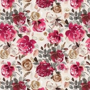 Peonies and roses watercolor Winter holiday floral Gold Red Micro