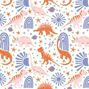dinosaur planet/periwinkle and pink on cream background/large