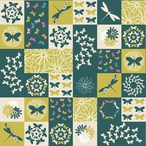 Floral Green Checkers with Butterflies and Dragonflies