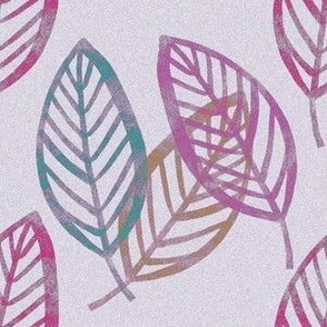 Leaves periwinkle, pink, teal woodblock print look