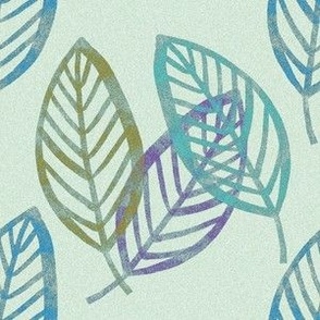 Leaves teal, green, purple  woodblock print look