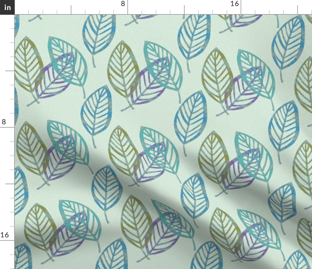 Leaves teal, green, purple  woodblock print look