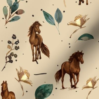 Watercolor Horses and roses or Rose Horse Farm (beige) 