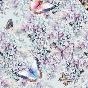 Butterflies on purple and blue Hydrangea blossoms