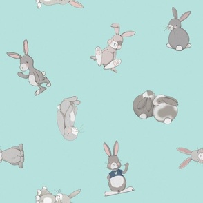 Bunnies scattered -  turquoise, aqua, blue