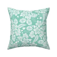 Aloha Hawaii vintage tropical floral print with fantasy flowers and foliage in mint green and white
