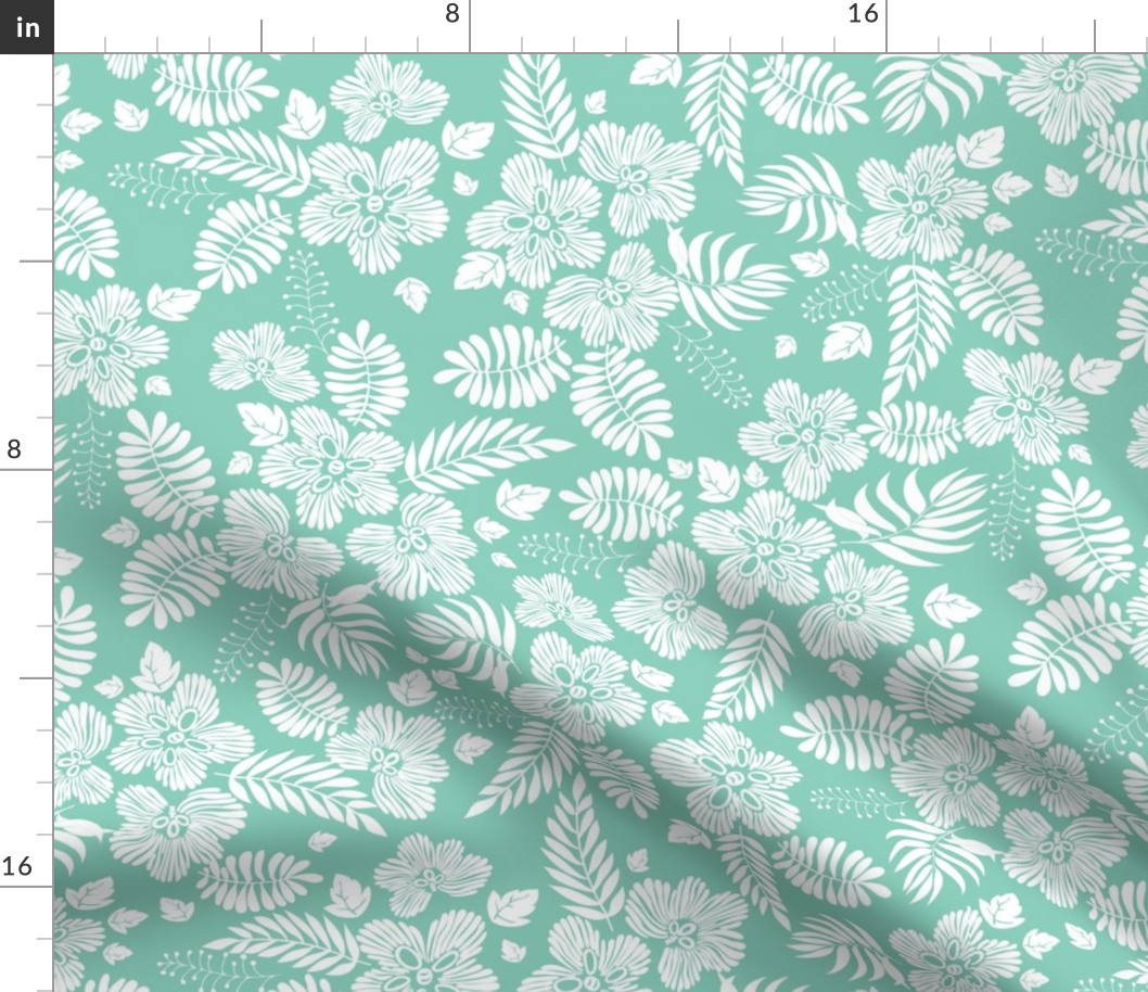 Aloha Hawaii vintage tropical floral print with fantasy flowers and foliage in mint green and white
