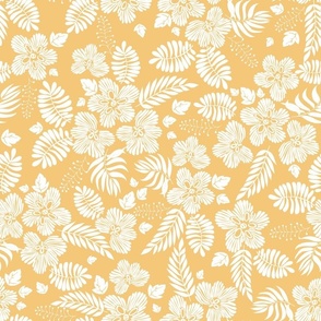 Hawaii Aloha vintage floral and foliage print white on bright summer yellow
