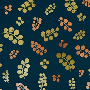 Gold&Copper Berries with Mottled Effect on Navy | Large Scale