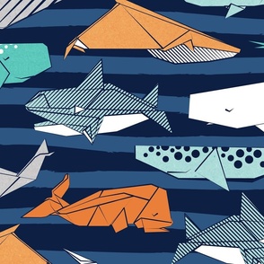 Large jumbo scale // Origami Sea // oxford navy blue nautical stripes background aqua orange grey and taupe whales