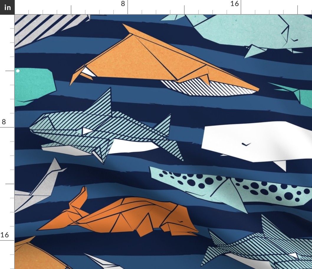 Large jumbo scale // Origami Sea // oxford navy blue nautical stripes background aqua orange grey and taupe whales