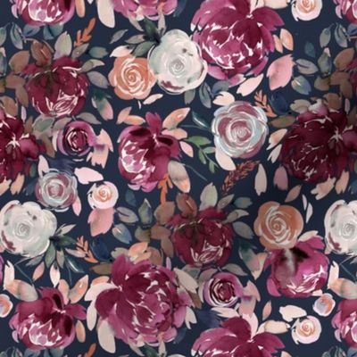 Moody Floral-Winter Peonies and roses watercolor floral Pink Navy Small