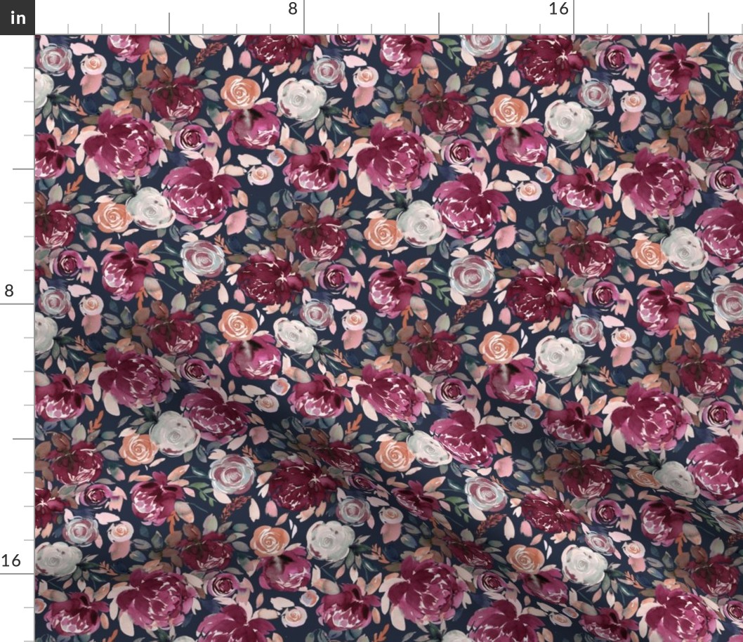 Moody Floral-Winter Peonies and roses watercolor floral Pink Navy Small
