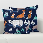 Large jumbo scale // Origami woodland // oxford navy blue background aqua orange grey and taupe wood animals