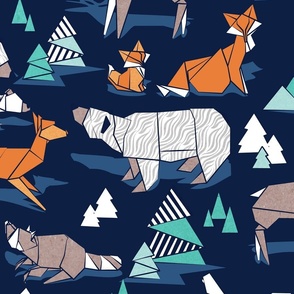 Large jumbo scale // Origami woodland // oxford navy blue background aqua orange grey and taupe wood animals