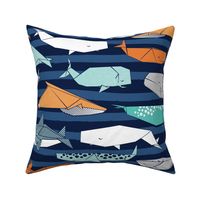 Normal scale // Origami Sea // oxford navy blue nautical stripes background aqua orange grey and taupe whales