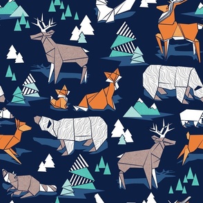 Normal scale // Origami woodland // oxford navy blue background aqua orange grey and taupe wood animals