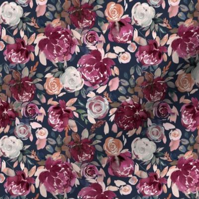 Winter Peonies and roses watercolor floral Pink Navy Micro