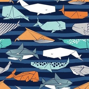 Small scale // Origami Sea // oxford navy blue nautical stripes background aqua orange grey and taupe whales