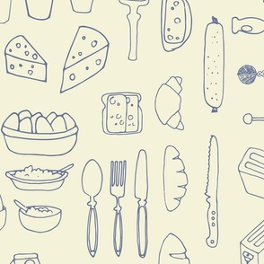 (large) Morning mess - Blue breakfast items on cream background