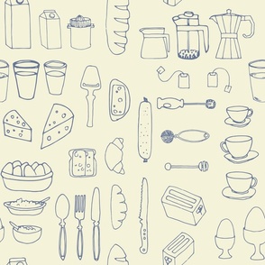 (medium) Morning mess - Blue breakfast items on cream background