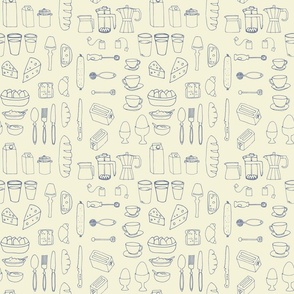 (small) Morning mess - Blue breakfast items on cream background