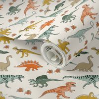 SMALL dinoworld dinosaur fabric - tyrannosaurus rex fabric, triceratops fabric, dinosaurs fabric, boy fabric, baby boy fabric -  cream