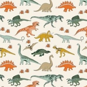 SMALL dinoworld dinosaur fabric - tyrannosaurus rex fabric, triceratops fabric, dinosaurs fabric, boy fabric, baby boy fabric -  cream