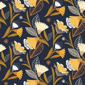yellow and gold fan flower on navy  larger