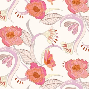 swirling floral, pink, cream