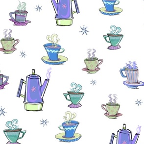Whimsical Vintage Coffee Pots and Cups Wallpaper - Purple, Green and White