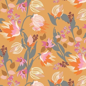 modern tossed floral, gold, pink cream